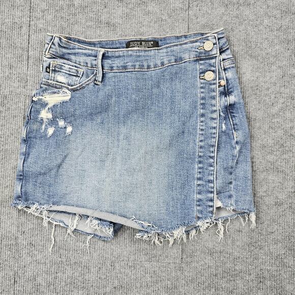 Judy Blue Dresses & Skirts - Judy Blue Skort Womens Small Blue Denim Asymmetrical Wrap Distressed Raw Hem